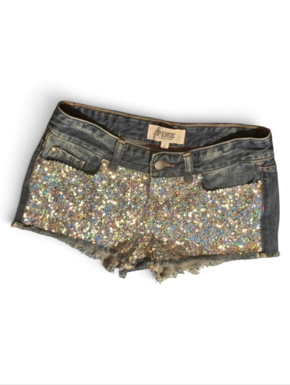 VS PINK Y2K Holographic Sequin Denim Cutoff Shorts 0